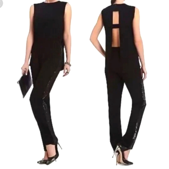 BCBGMAXAZRIA Victorya Jumpsuit Cutout Back, Lace Leg Detail, Size L